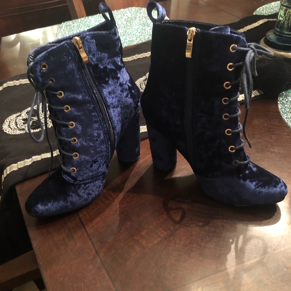Adorable Navy “Velvet” Lace Up Booties